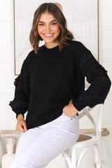 Louisa Knit Jumper - Long Sheer Lace Work Sleeve Jumper in Black