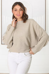 Havanah Knit Top - Boat Neckline Ribbed Top in Beige