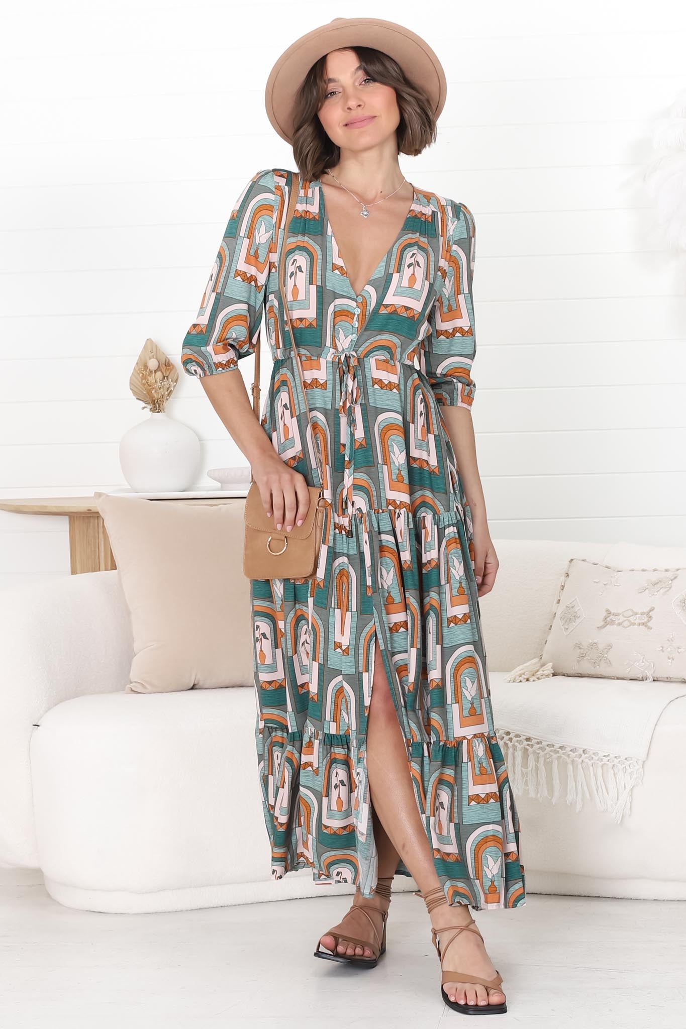 JAASE - Tessa Maxi Dress: A Line Pull Tie Waist Dress in Emerald Arches Print