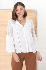 Myrna Top - V Neck Hollow Out Lace Detailed Button Down in White