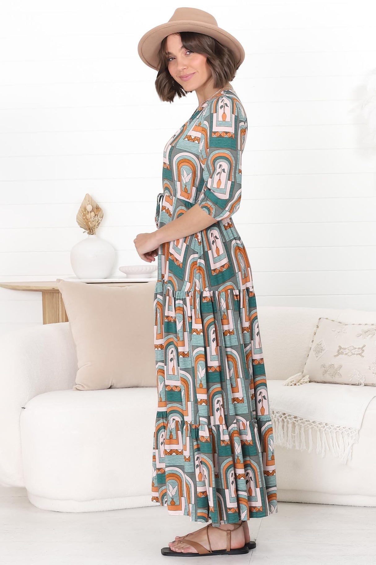 JAASE - Tessa Maxi Dress: A Line Pull Tie Waist Dress in Emerald Arches Print