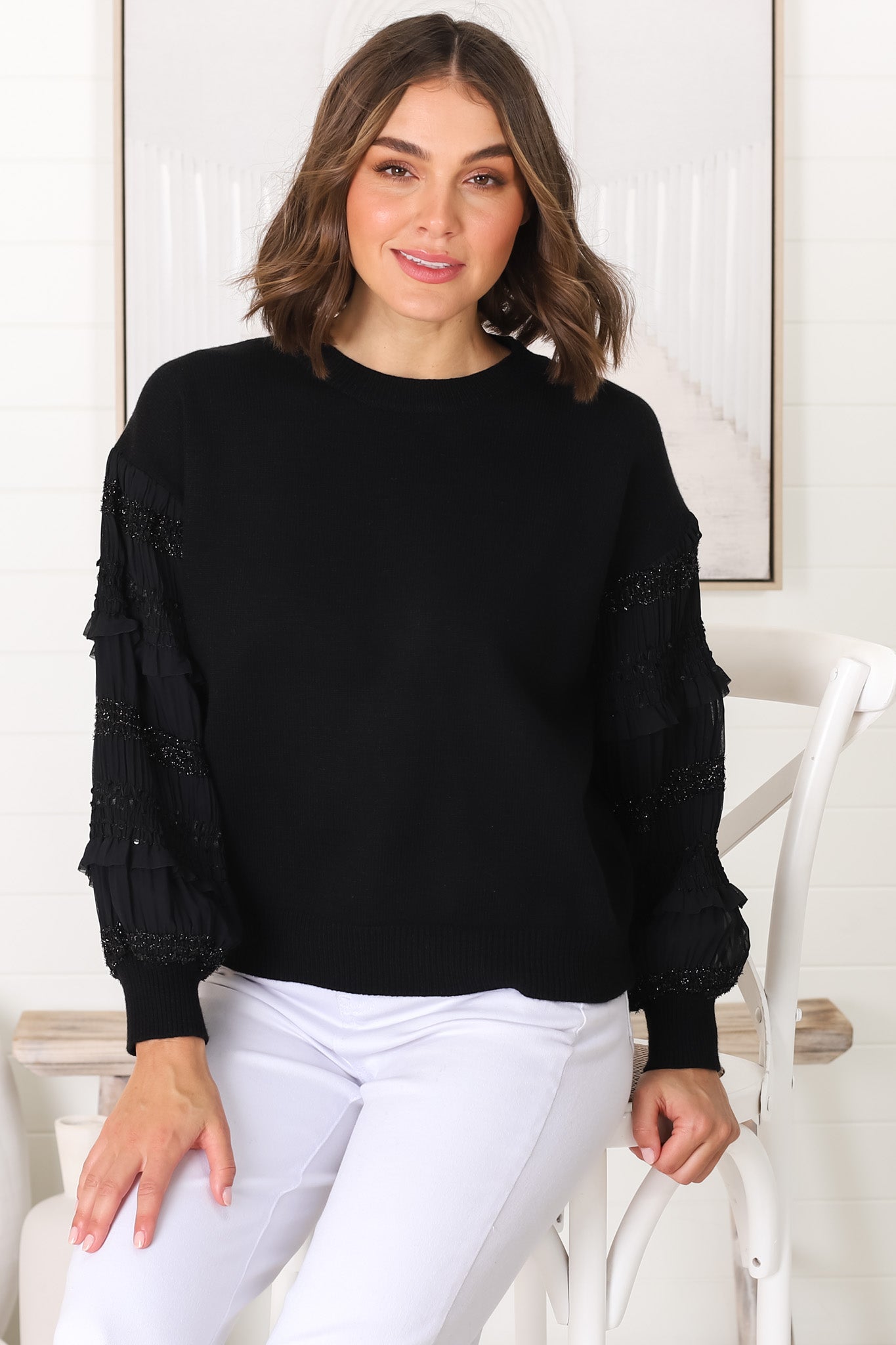 Louisa Knit Jumper - Long Sheer Lace Work Sleeve Jumper in Black