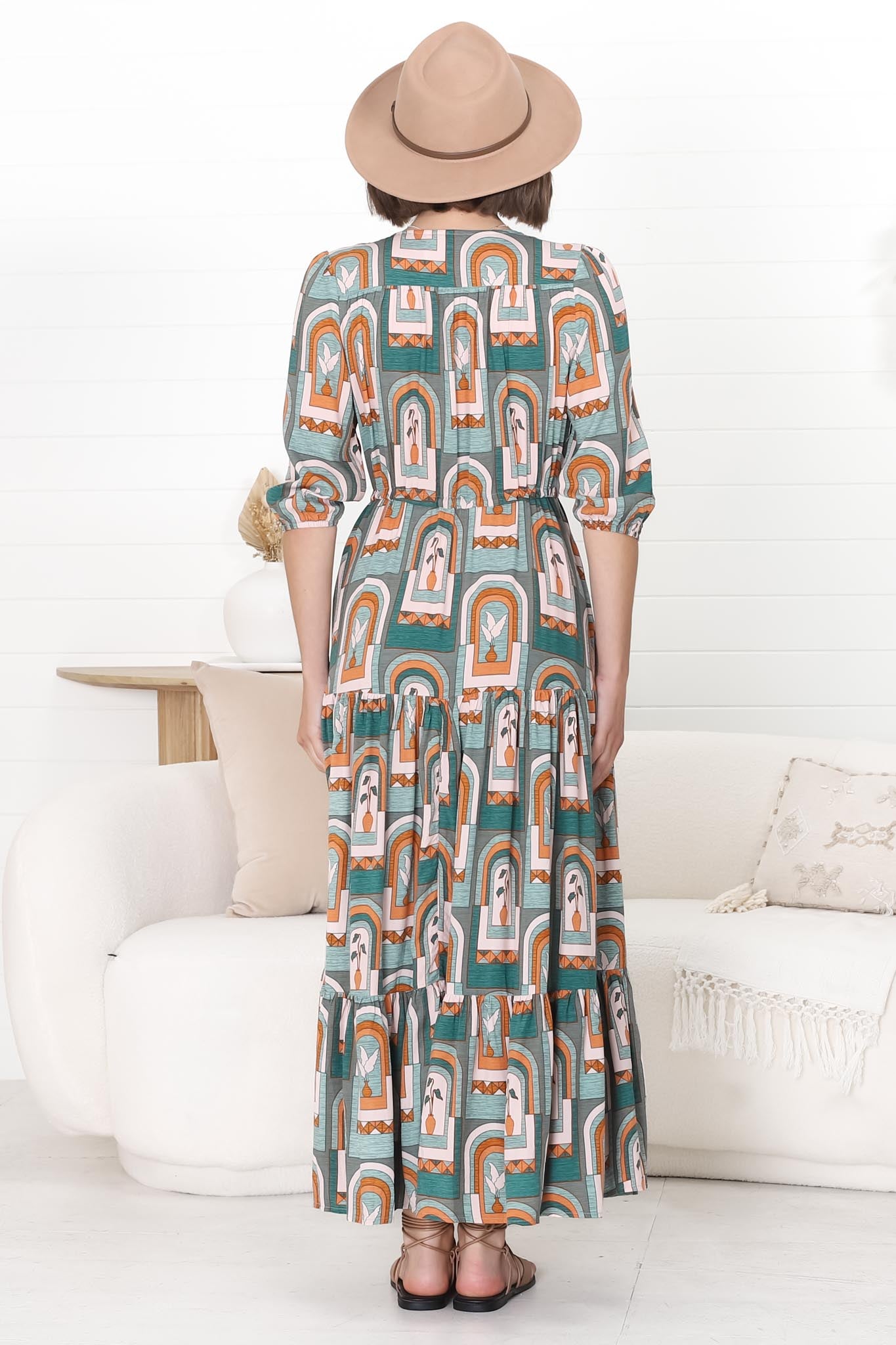 JAASE - Tessa Maxi Dress: A Line Pull Tie Waist Dress in Emerald Arches Print