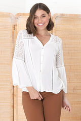 Myrna Top - V Neck Hollow Out Lace Detailed Button Down in White