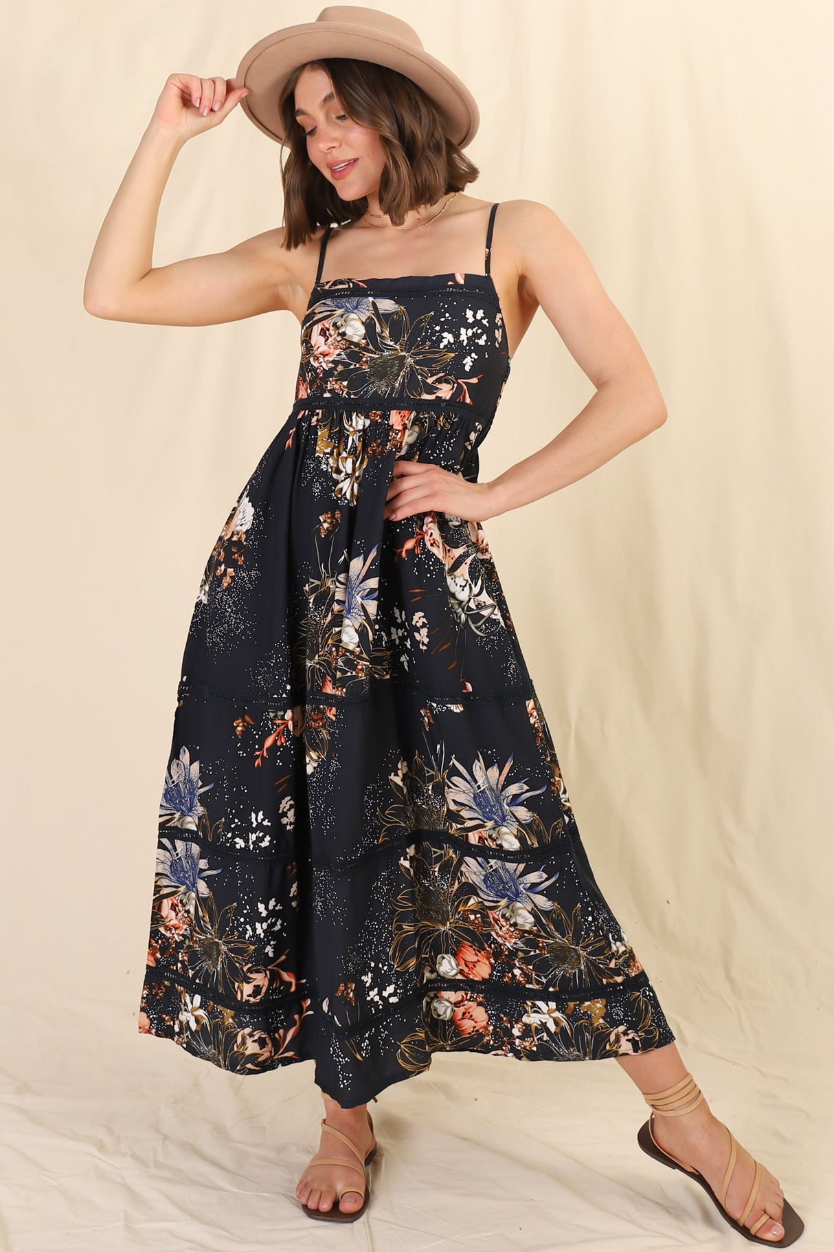 Heidi Midi Dress - Tiered Sun Dress with Crochet Splicing in Indigo Print