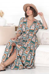 JAASE - Tessa Maxi Dress: A Line Pull Tie Waist Dress in Emerald Arches Print