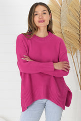 Sammy Jumper - Crew Neck Ribbed Shark Bite Hemline Jumper in Hot Pink