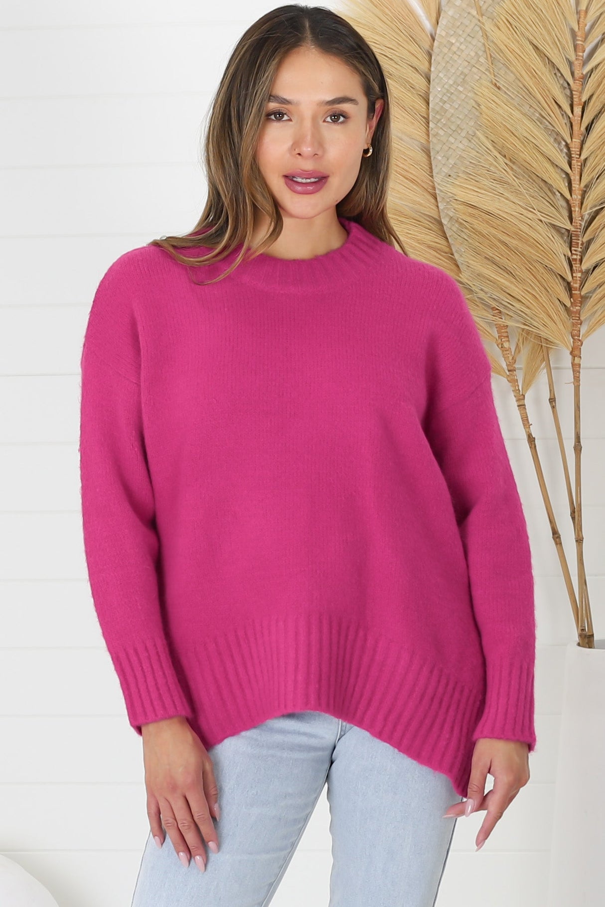 Sammy Jumper - Crew Neck Ribbed Shark Bite Hemline Jumper in Hot Pink