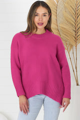 Sammy Jumper - Crew Neck Ribbed Shark Bite Hemline Jumper in Hot Pink