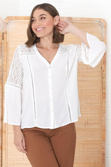 Myrna Top - V Neck Hollow Out Lace Detailed Button Down in White