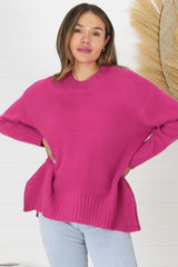 Sammy Jumper - Crew Neck Ribbed Shark Bite Hemline Jumper in Hot Pink