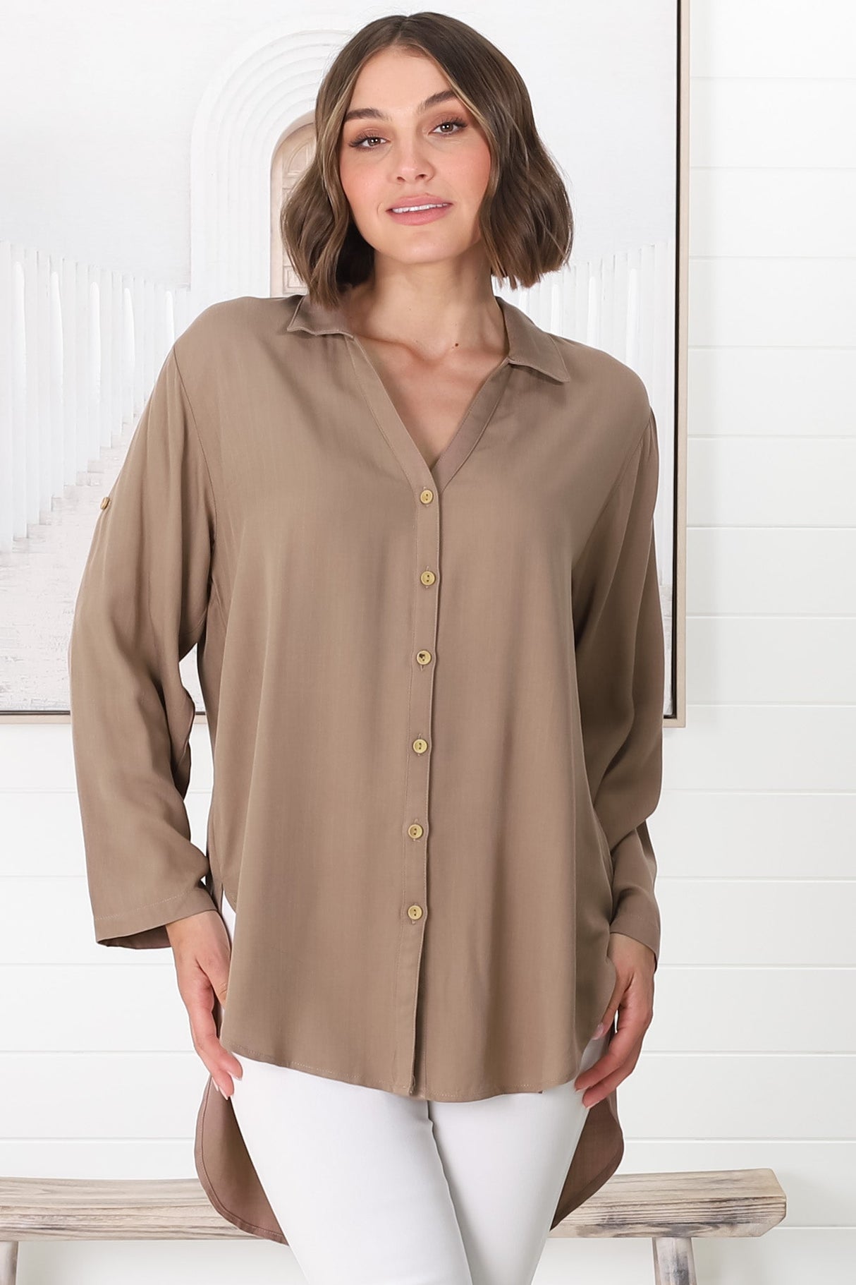 Tammy Shirt - Relaxed Button Down Shirt in Beige