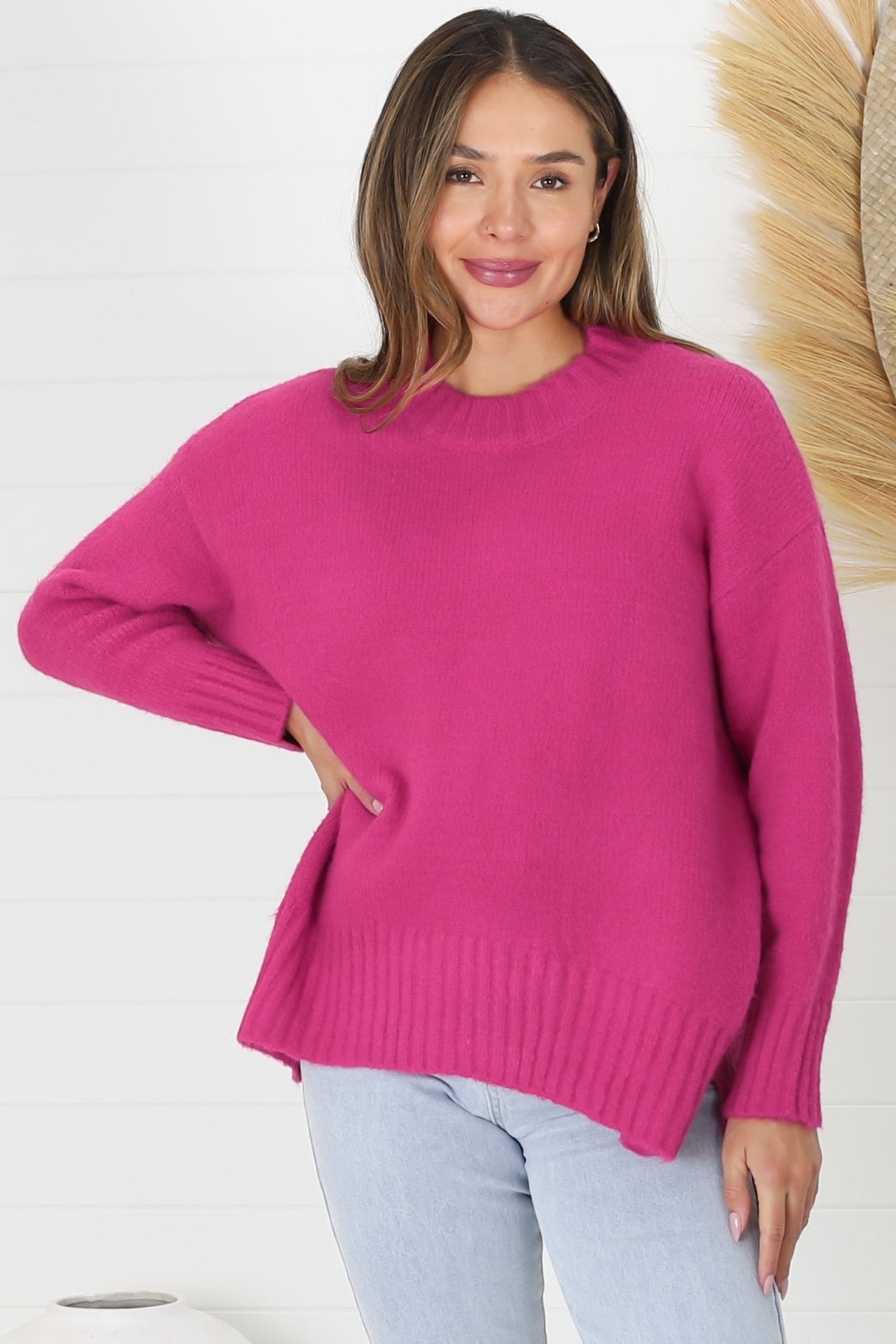 Sammy Jumper - Crew Neck Ribbed Shark Bite Hemline Jumper in Hot Pink