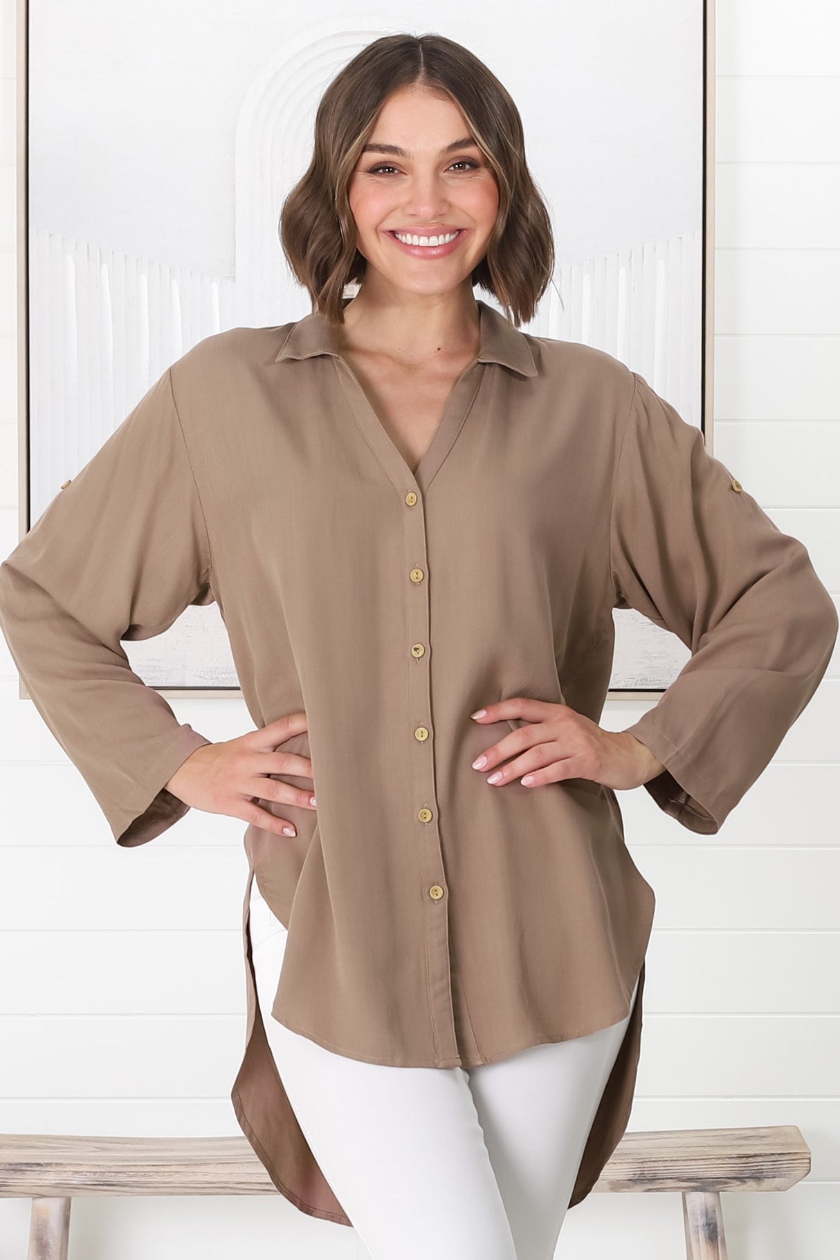 Tammy Shirt - Relaxed Button Down Shirt in Beige