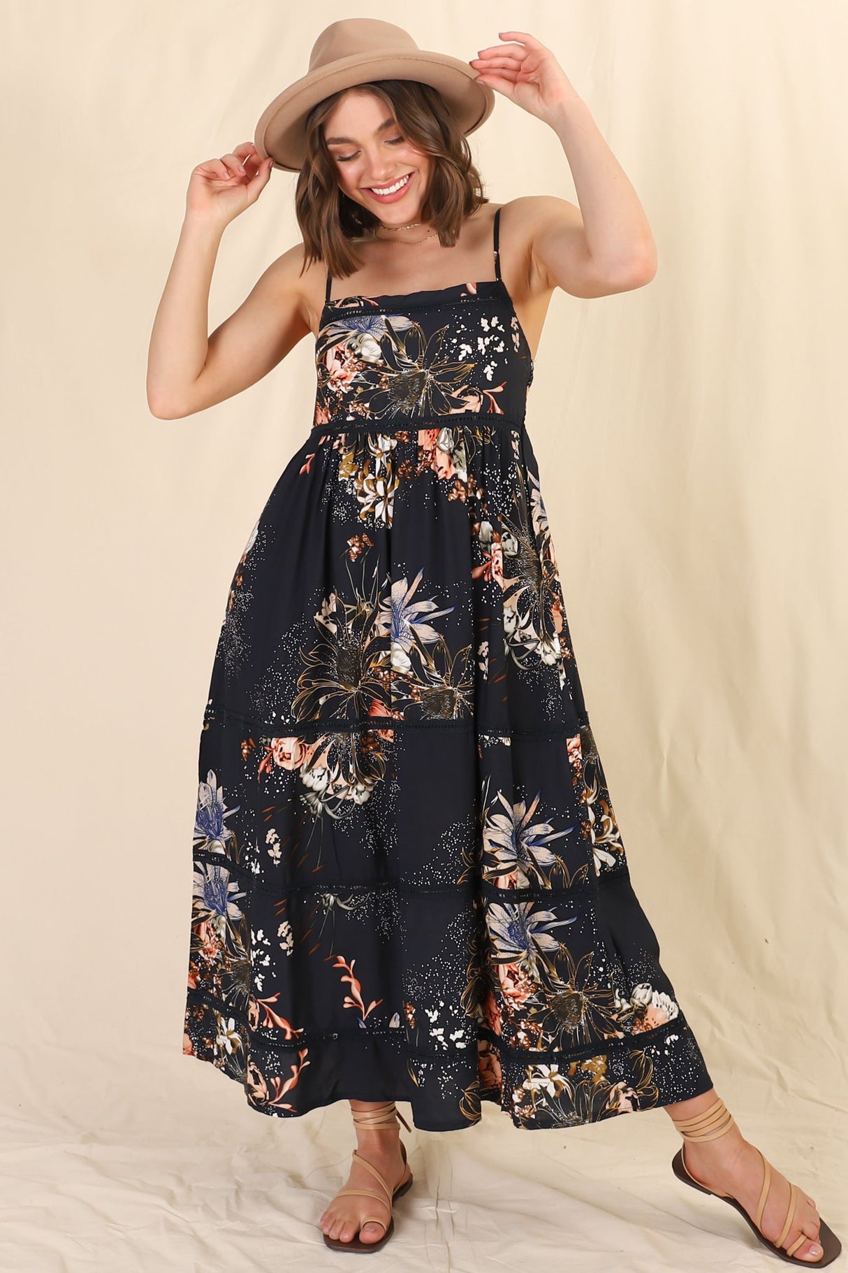 Heidi Midi Dress - Tiered Sun Dress with Crochet Splicing in Indigo Print