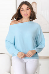 Havanah Knit Top - Boat Neckline Ribbed Top in Light Blue