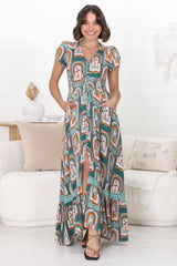 JAASE - Romi Maxi Dress: Button Down Cap Sleeve Dress with Waist Tie in Emerald Arches Print