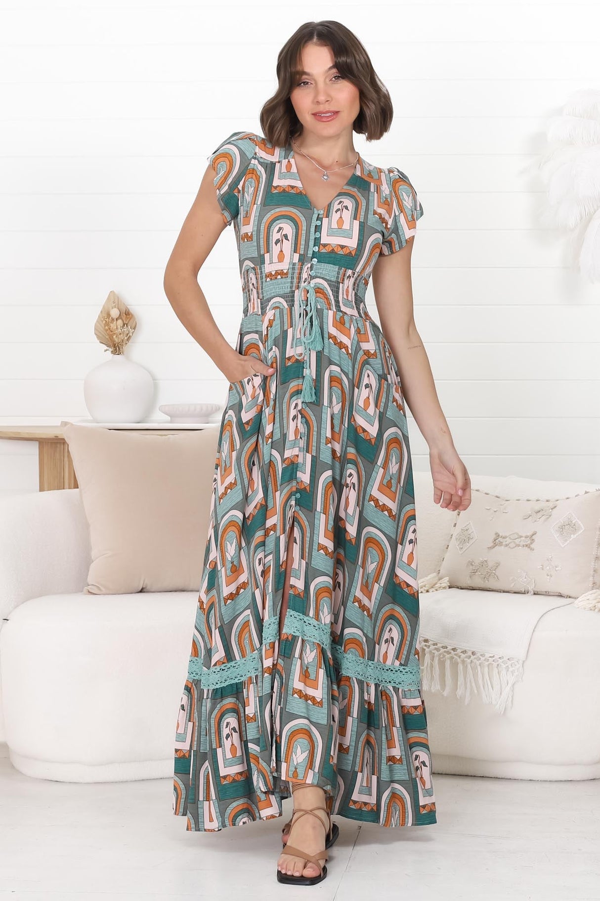 JAASE - Romi Maxi Dress: Button Down Cap Sleeve Dress with Waist Tie in Emerald Arches Print