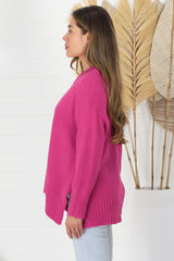 Sammy Jumper - Crew Neck Ribbed Shark Bite Hemline Jumper in Hot Pink