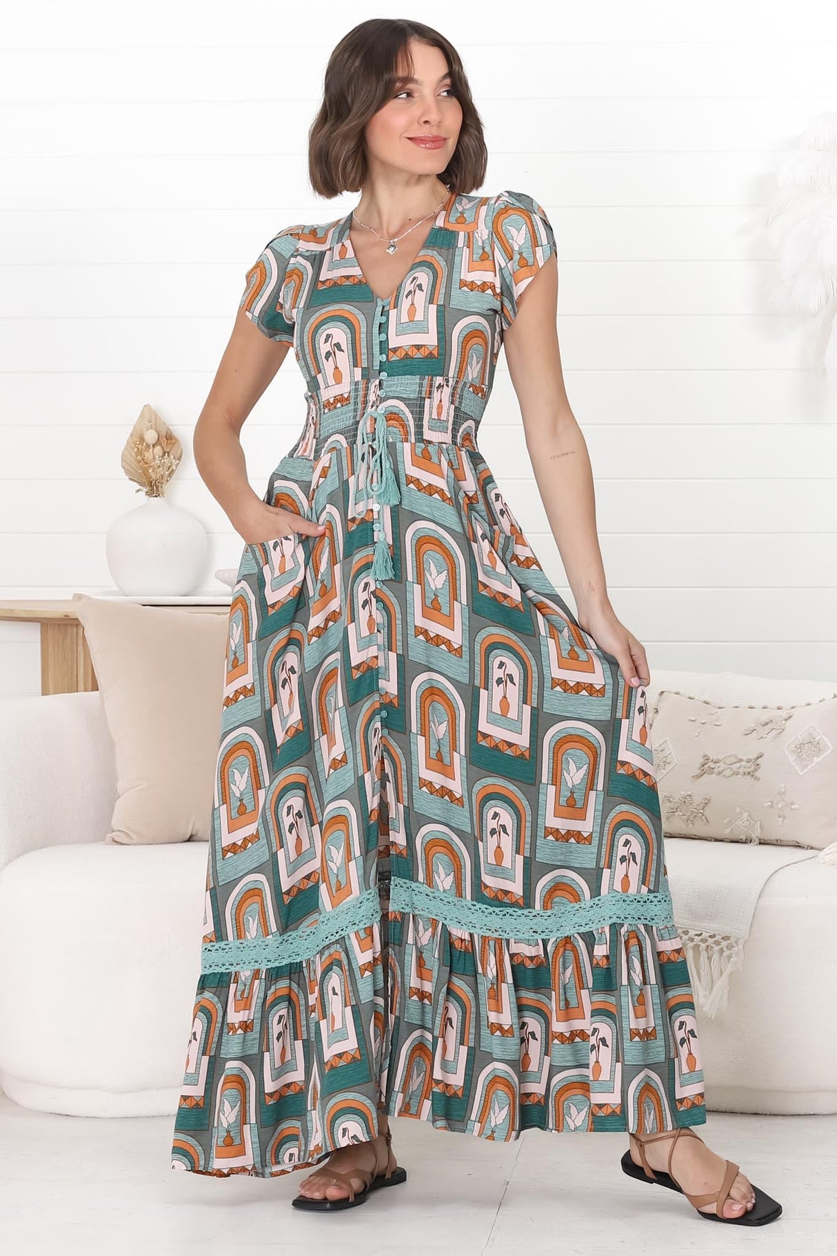 JAASE - Romi Maxi Dress: Button Down Cap Sleeve Dress with Waist Tie in Emerald Arches Print