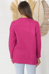 Sammy Jumper - Crew Neck Ribbed Shark Bite Hemline Jumper in Hot Pink