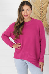 Sammy Jumper - Crew Neck Ribbed Shark Bite Hemline Jumper in Hot Pink