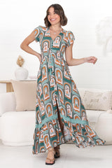 JAASE - Romi Maxi Dress: Button Down Cap Sleeve Dress with Waist Tie in Emerald Arches Print