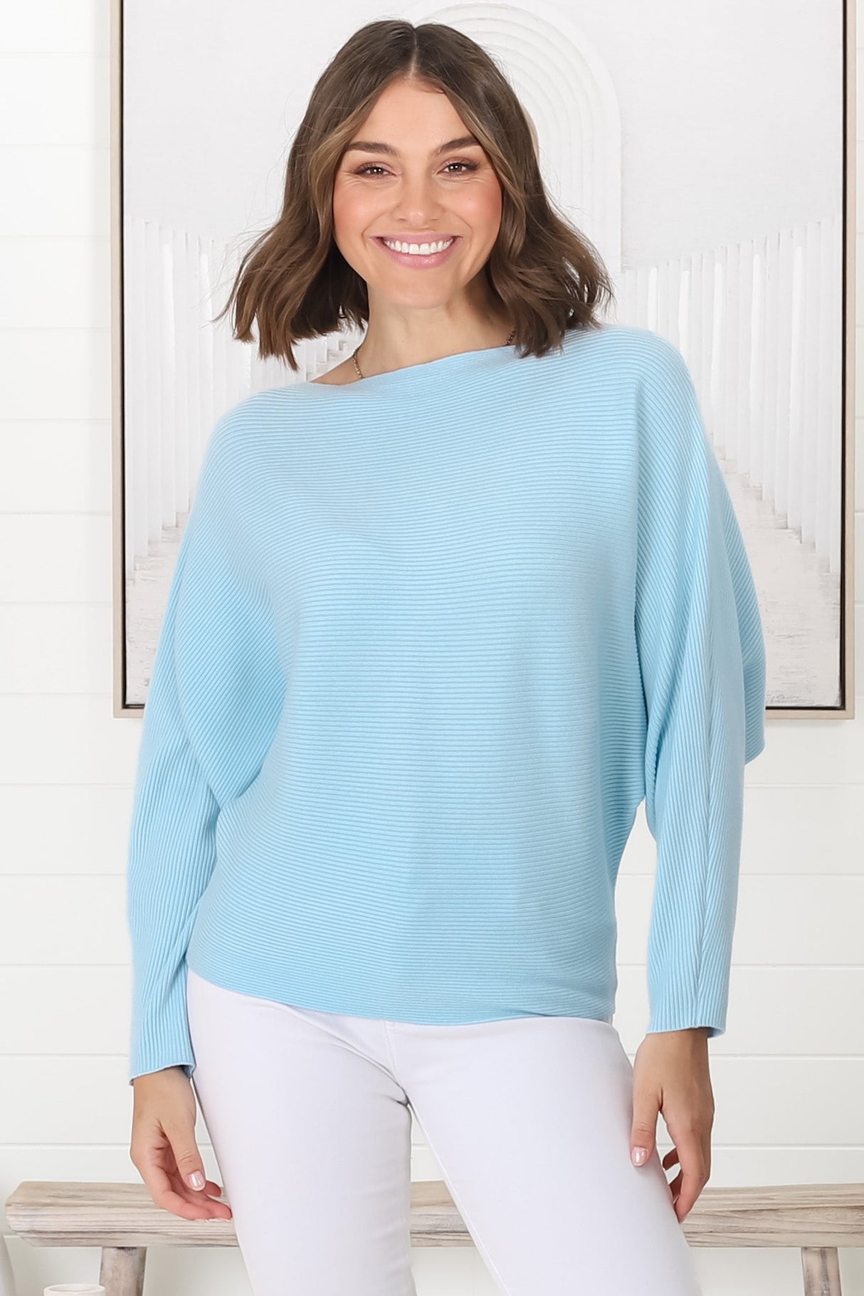 Havanah Knit Top - Boat Neckline Ribbed Top in Light Blue