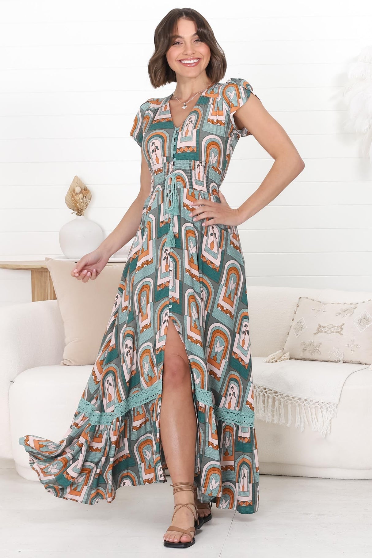 JAASE - Romi Maxi Dress: Button Down Cap Sleeve Dress with Waist Tie in Emerald Arches Print