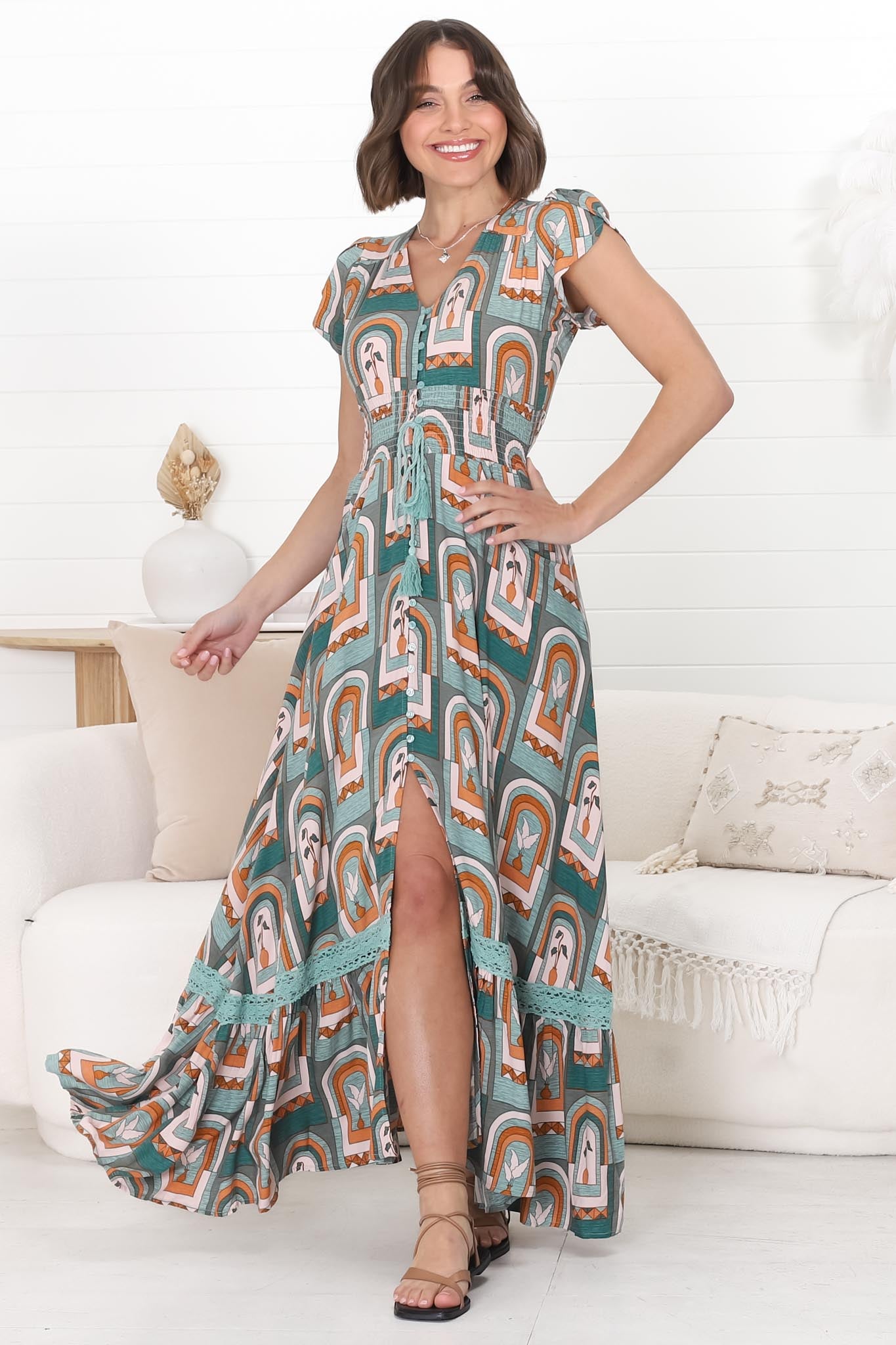JAASE - Romi Maxi Dress: Button Down Cap Sleeve Dress with Waist Tie in Emerald Arches Print