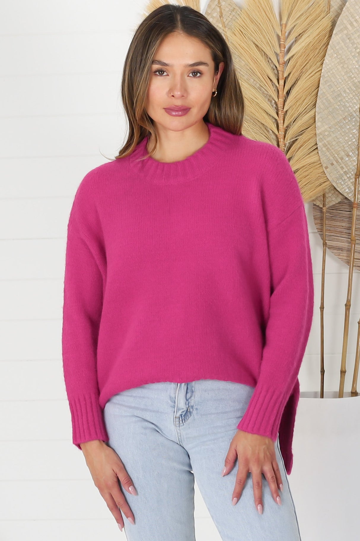 Sammy Jumper - Crew Neck Ribbed Shark Bite Hemline Jumper in Hot Pink