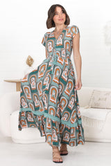 JAASE - Romi Maxi Dress: Button Down Cap Sleeve Dress with Waist Tie in Emerald Arches Print