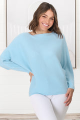 Havanah Knit Top - Boat Neckline Ribbed Top in Light Blue