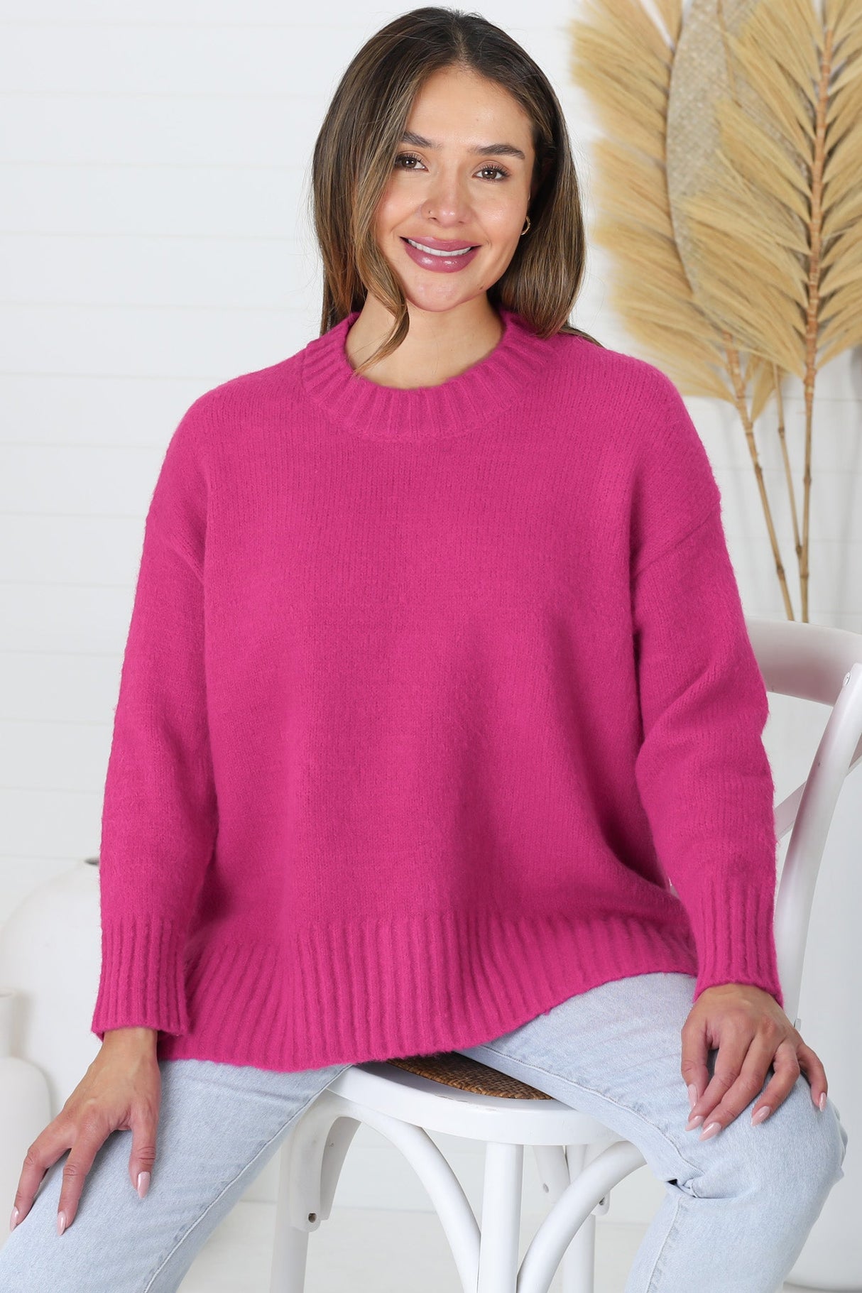 Sammy Jumper - Crew Neck Ribbed Shark Bite Hemline Jumper in Hot Pink