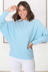 Havanah Knit Top - Boat Neckline Ribbed Top in Light Blue