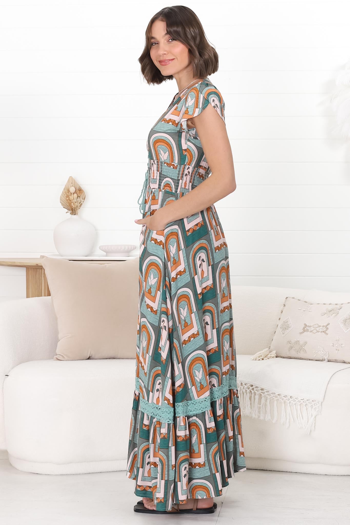 JAASE - Romi Maxi Dress: Button Down Cap Sleeve Dress with Waist Tie in Emerald Arches Print