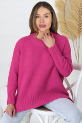 Sammy Jumper - Crew Neck Ribbed Shark Bite Hemline Jumper in Hot Pink