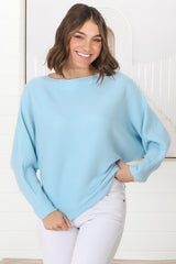 Havanah Knit Top - Boat Neckline Ribbed Top in Light Blue