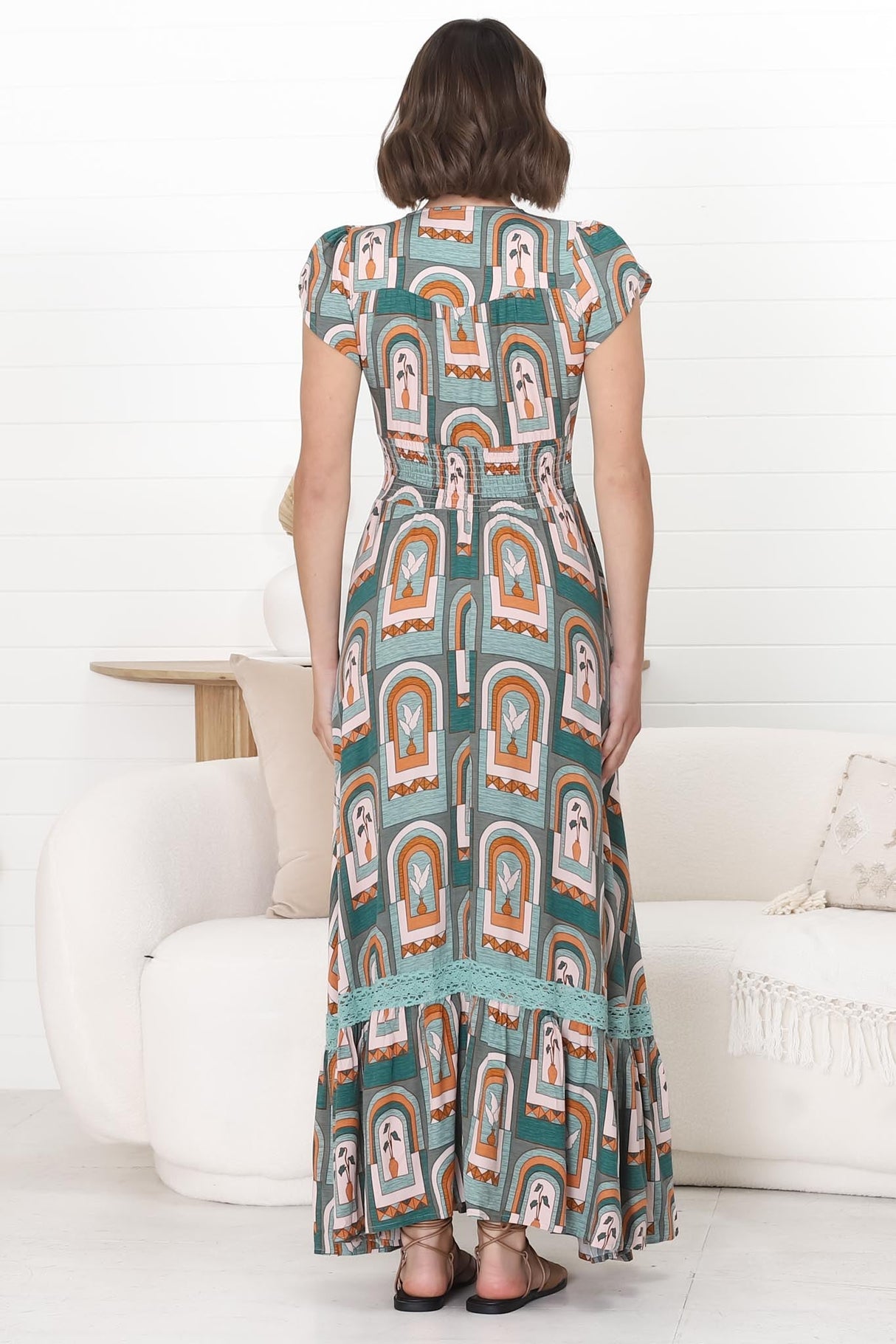 JAASE - Romi Maxi Dress: Button Down Cap Sleeve Dress with Waist Tie in Emerald Arches Print