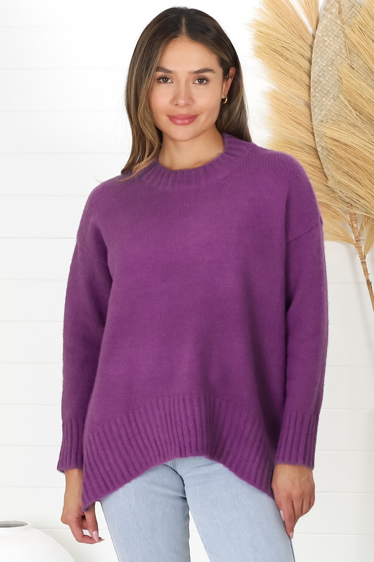 Sammy Jumper - Crew Neck Ribbed Shark Bite Hemline Jumper in Purple