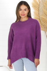 Sammy Jumper - Crew Neck Ribbed Shark Bite Hemline Jumper in Purple