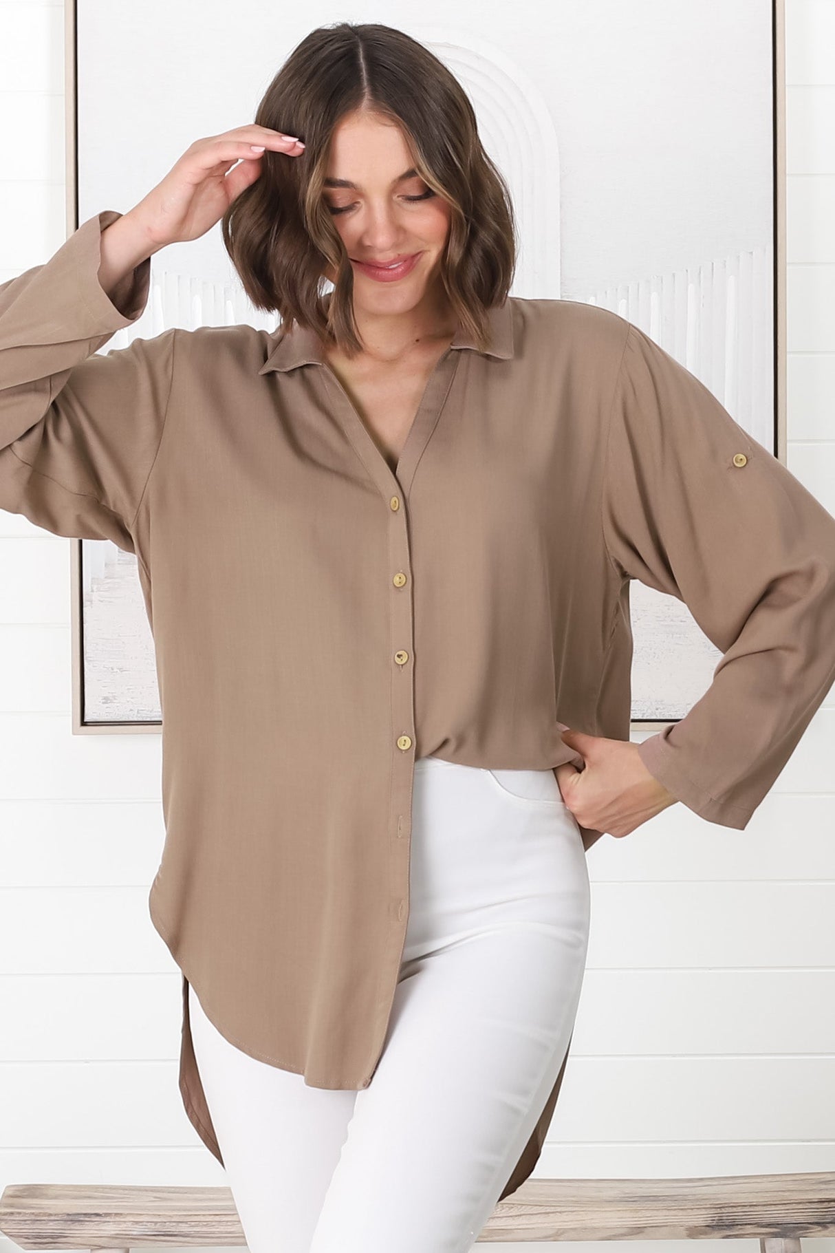 Tammy Shirt - Relaxed Button Down Shirt in Beige