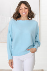 Havanah Knit Top - Boat Neckline Ribbed Top in Light Blue