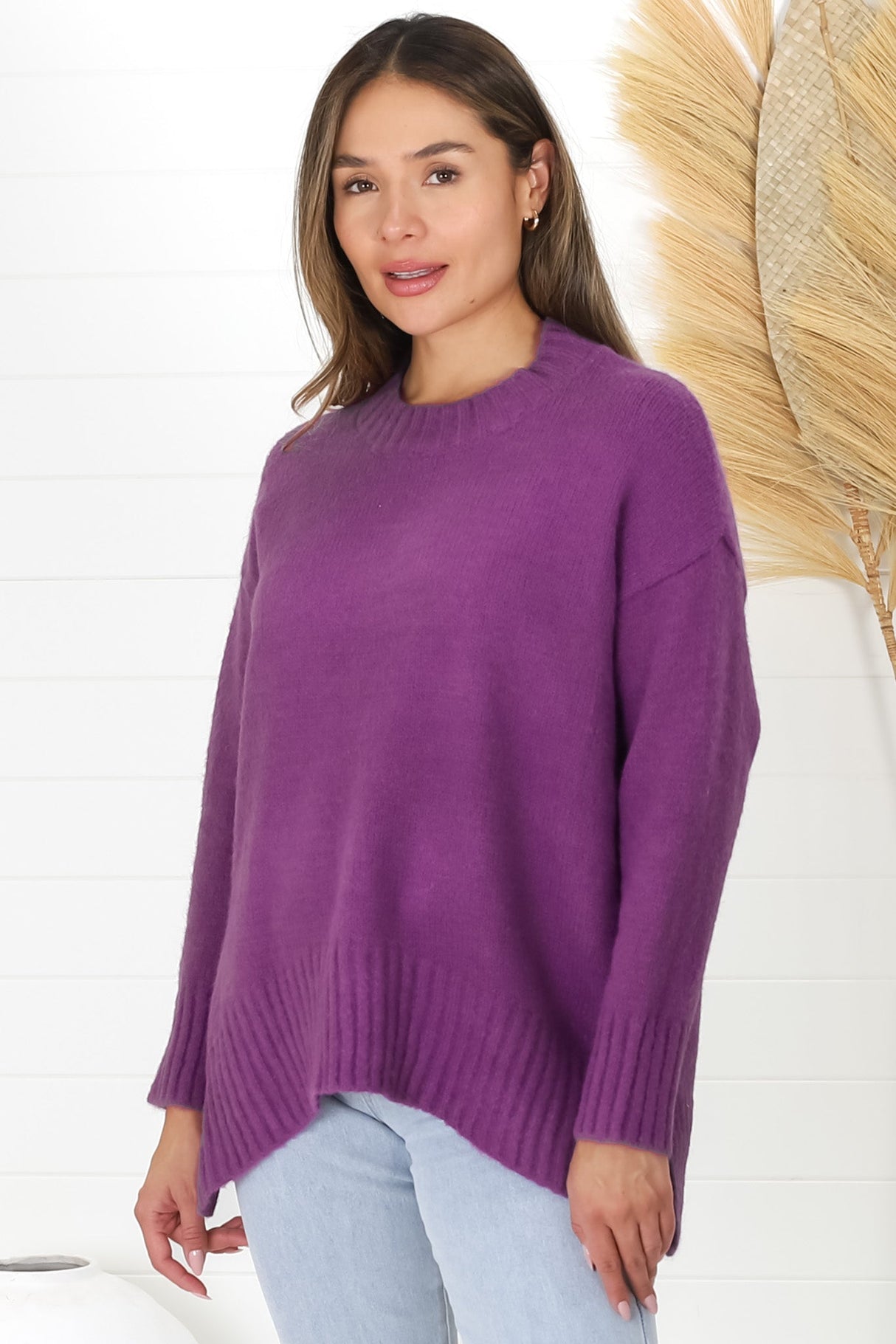 Sammy Jumper - Crew Neck Ribbed Shark Bite Hemline Jumper in Purple