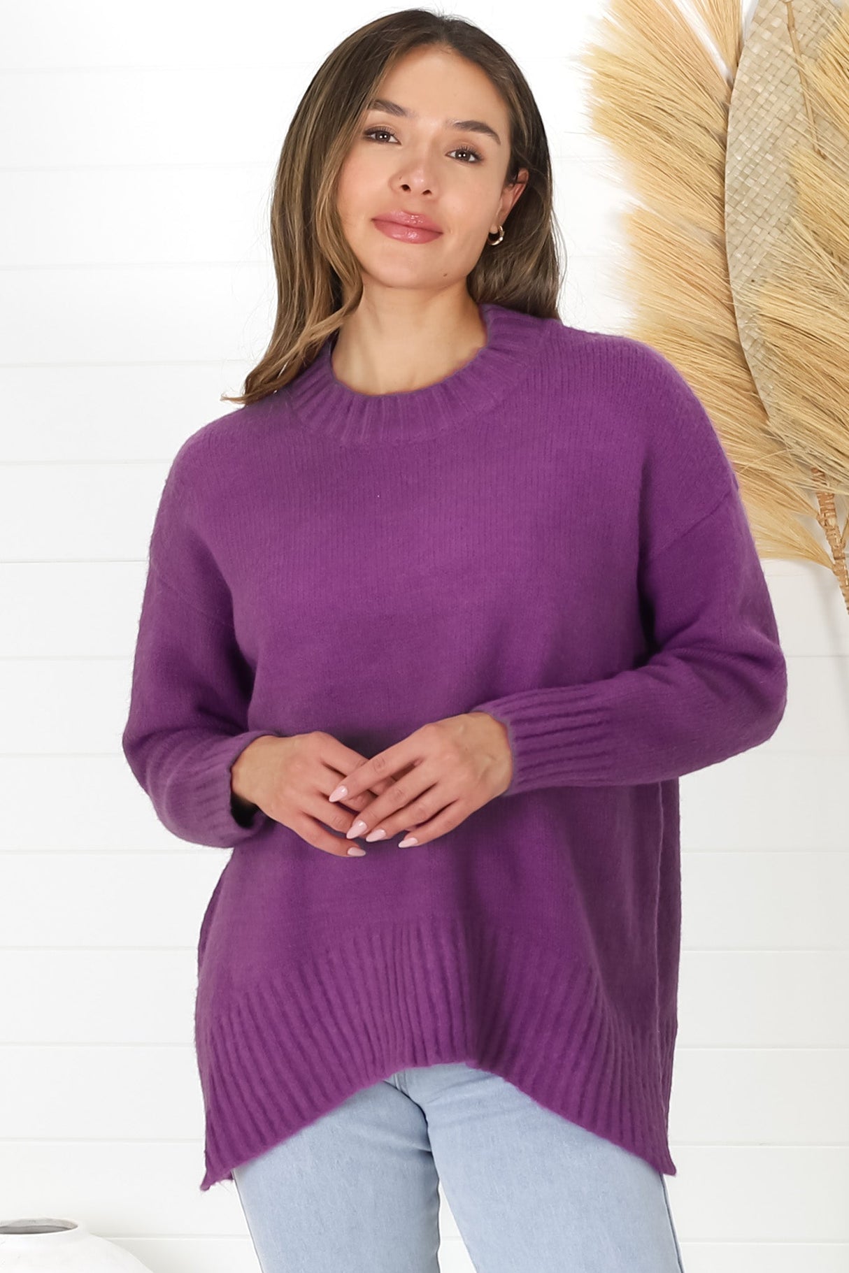 Sammy Jumper - Crew Neck Ribbed Shark Bite Hemline Jumper in Purple