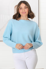 Havanah Knit Top - Boat Neckline Ribbed Top in Light Blue