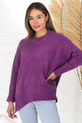 Sammy Jumper - Crew Neck Ribbed Shark Bite Hemline Jumper in Purple