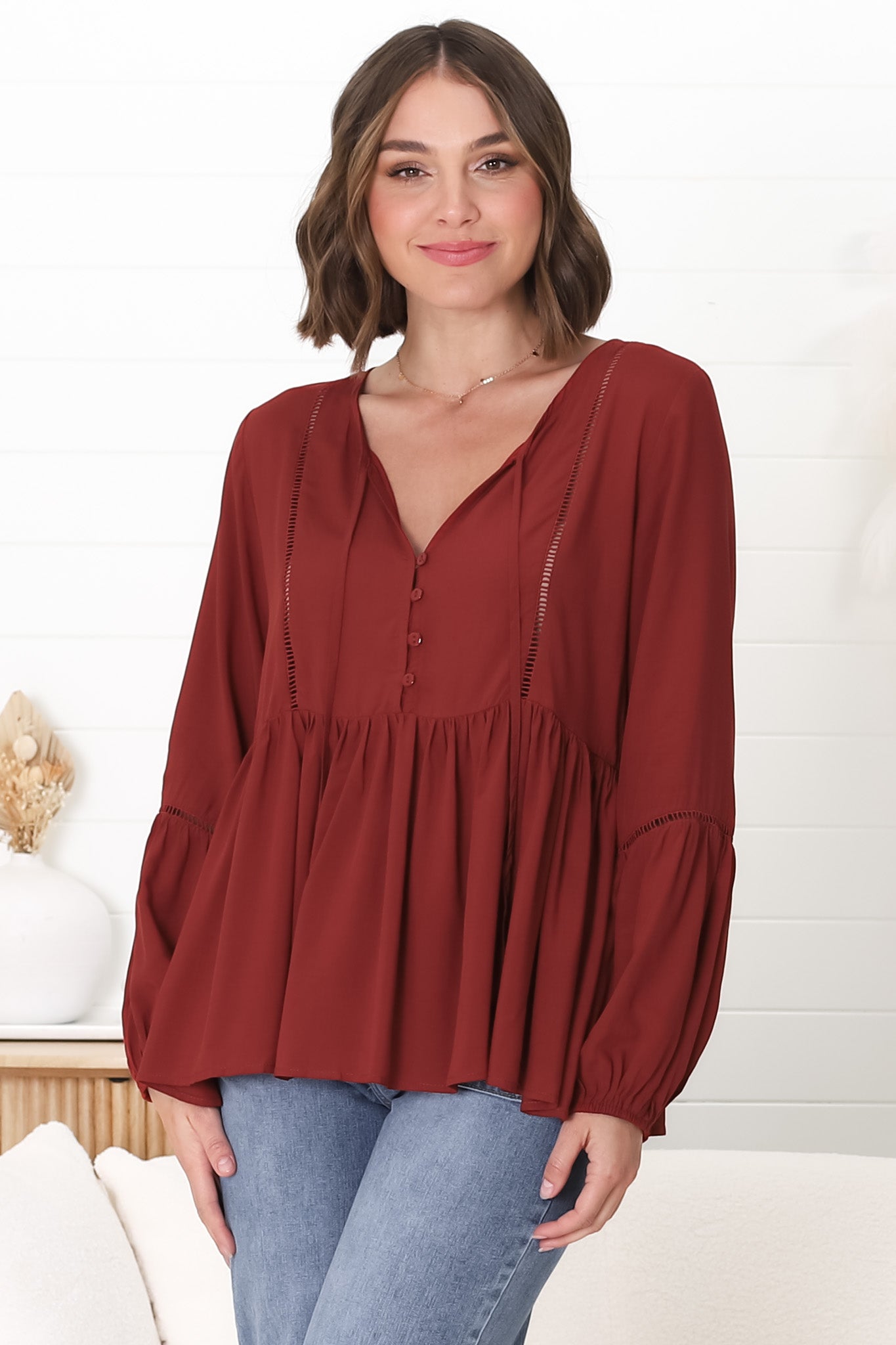 Alexia Top -  V Neck Smock Top with Crochet Insert Details in Rust
