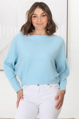 Havanah Knit Top - Boat Neckline Ribbed Top in Light Blue