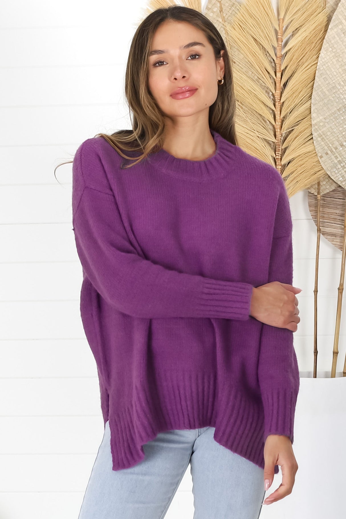 Sammy Jumper - Crew Neck Ribbed Shark Bite Hemline Jumper in Purple